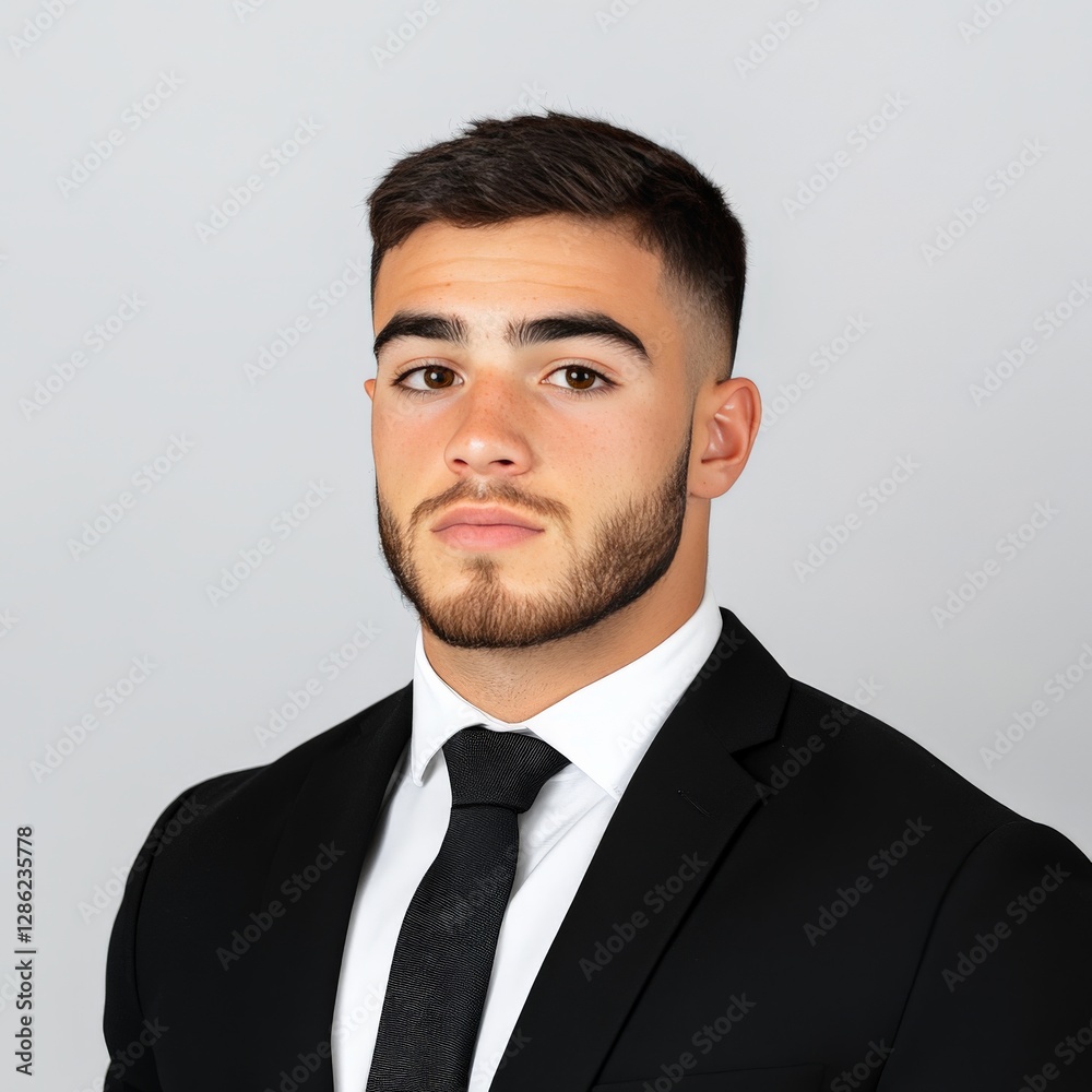 Young businessman with neatly groomed beard wearing tailored black suit posing confidently against plain background professional corporate portrait for branding and career success Young businessman with neatly groomed beard wearing tailored black suit posing confidently against plain background professional corporate portrait for branding and career success