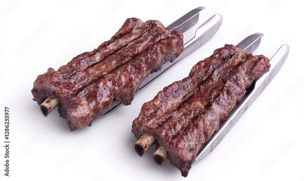 Grilled short ribs held by tongs on white background for food photography Grilled short ribs held by tongs on white background for food photography