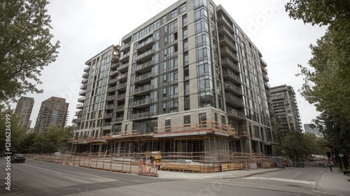 Modern apartment building under construction in urban area. Possible use stock photo for real estate, architecture, city development photo