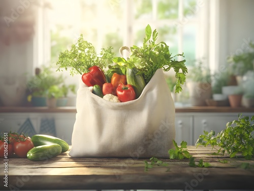 Eco-friendly reusable grocery bag with fresh vegetables and herbs, organic healthy food in a natural setting, sustainable shopping, farm-to-table lifestyle, green living
 photo