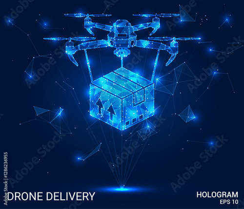 Drone delivery hologram. Drone delivery is made of polygons, triangles, dots, and lines. Drone delivery is a low-poly compound structure. Technology concept vector.