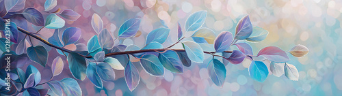 Graceful Pastel-Tinted Leaves on a Delicate Branch with a Soft Bokeh Background