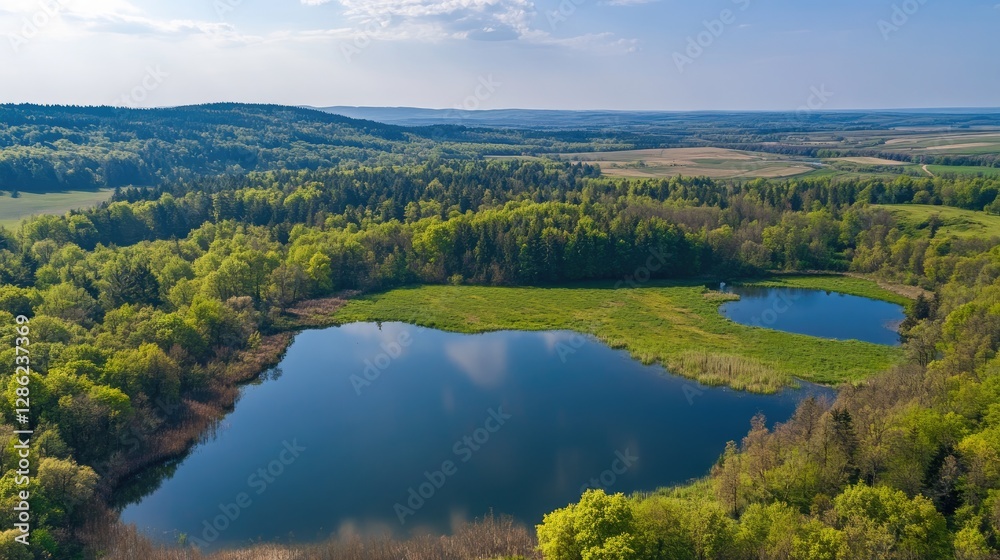 Fototapeta premium Aerial View of Serene Lakes Nestled in Lush Green Forest