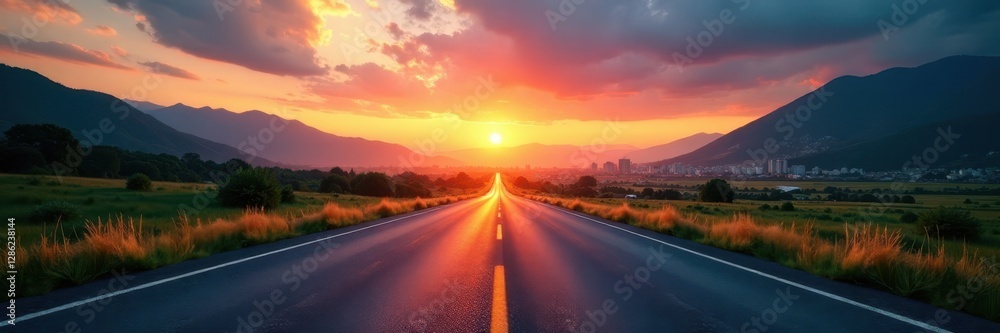Sunset asphalt highway climbs towards green mountains and distant city skyline , skyline, green Sunset asphalt highway climbs towards green mountains and distant city skyline , skyline, green