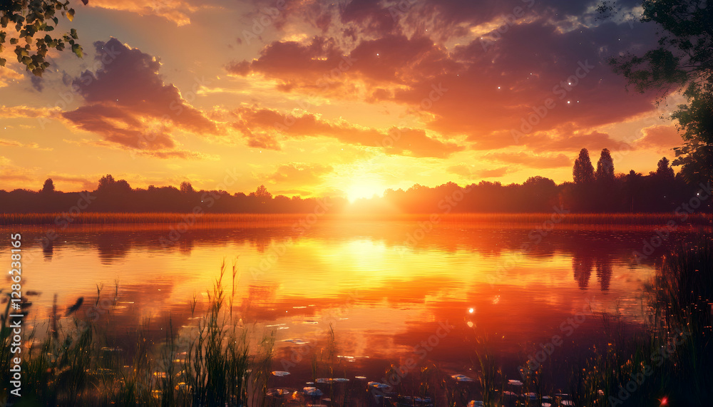 Obraz premium Illustration Golden Sunset Lake Reflection Nature Landscape Scenic Dusk Twilight