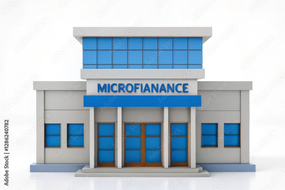 A modern microfinance building with a prominent sign, showcasing a sleek architectural design in blue and gray tones. A modern microfinance building with a prominent sign, showcasing a sleek architectural design in blue and gray tones.