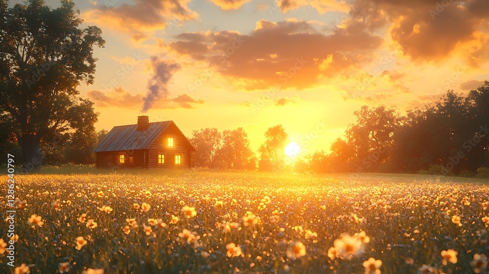 Obraz premium Glowing Cabin at the Edge of a Quiet Meadow with Smoke Rising into a Pastel Morning Sky