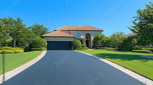 Luxury home driveway, sunny day, lush landscaping, real estate listing