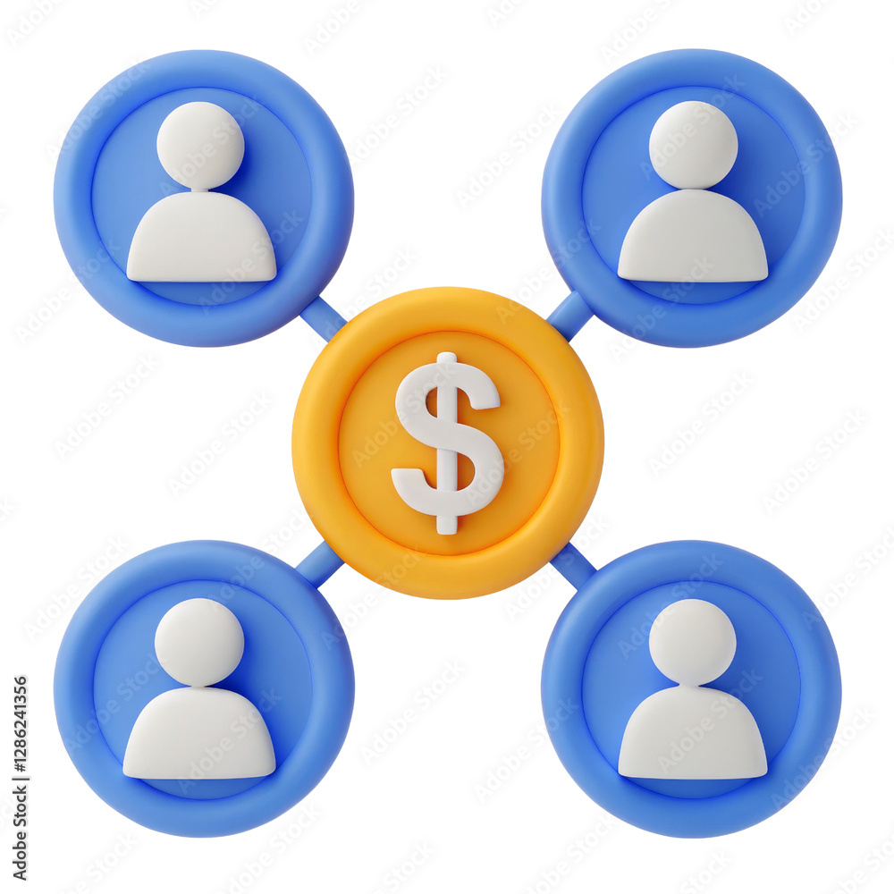 A circular arrangement featuring a dollar sign in the center, surrounded by four user icons. A circular arrangement featuring a dollar sign in the center, surrounded by four user icons.