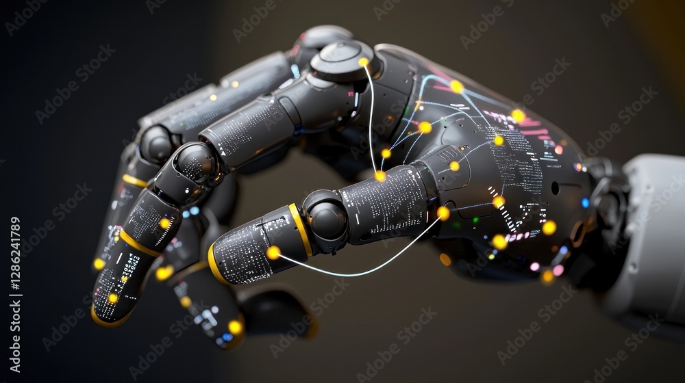 Close-up of a futuristic robotic hand showcasing intricate circuitry and glowing elements Close-up of a futuristic robotic hand showcasing intricate circuitry and glowing elements