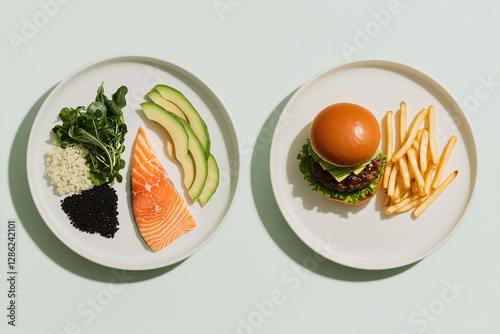 Healthy vs. Unhealthy Choices: A visual comparison between a balanced, nutritious meal and a less healthy fast food option