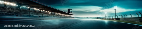 Empty illuminated motorsport racetrack at dusk showcases speed and competition.