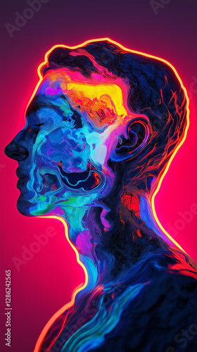 neon outline yellow blue orange pink blue fuchsia purple abstract human head with ombre red background social media post vertical mobile wallpaper format backdrop