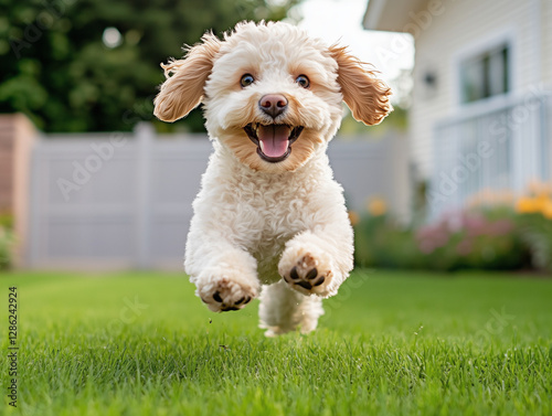 Happy pet dog playing on green grass lawn in full length portrait on summer day.AI