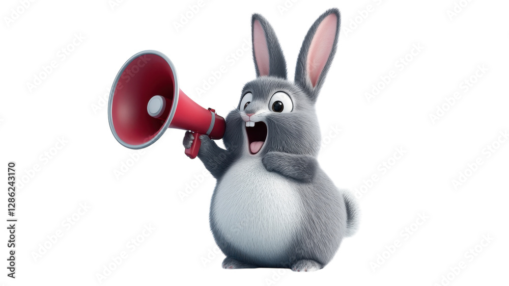 Excited rabbit using megaphone to announce fun activities at a lively spring festival