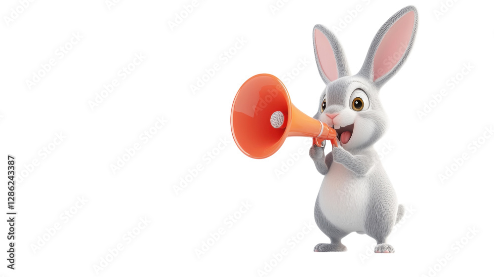 Happy cartoon rabbit using a megaphone to announce excitement and joy in a playful setting