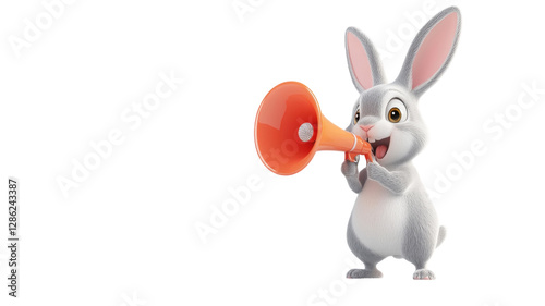 Obraz na płótnie Happy cartoon rabbit using a megaphone to announce excitement and joy in a playful setting w salonie