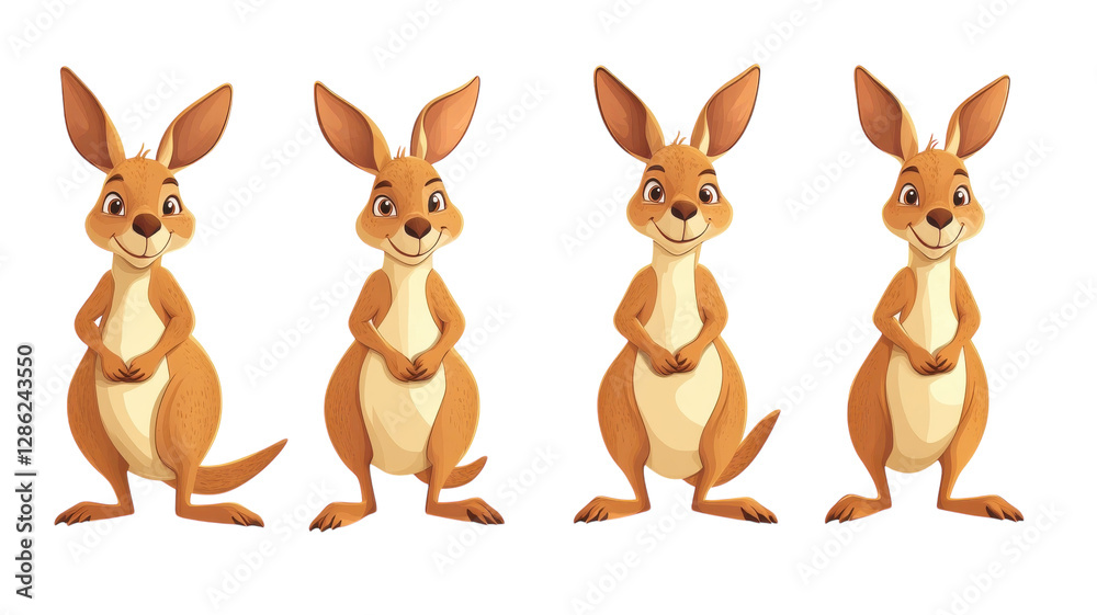 Playful cartoon kangaroos showcasing various cheerful expressions and poses in a fun, animated setting