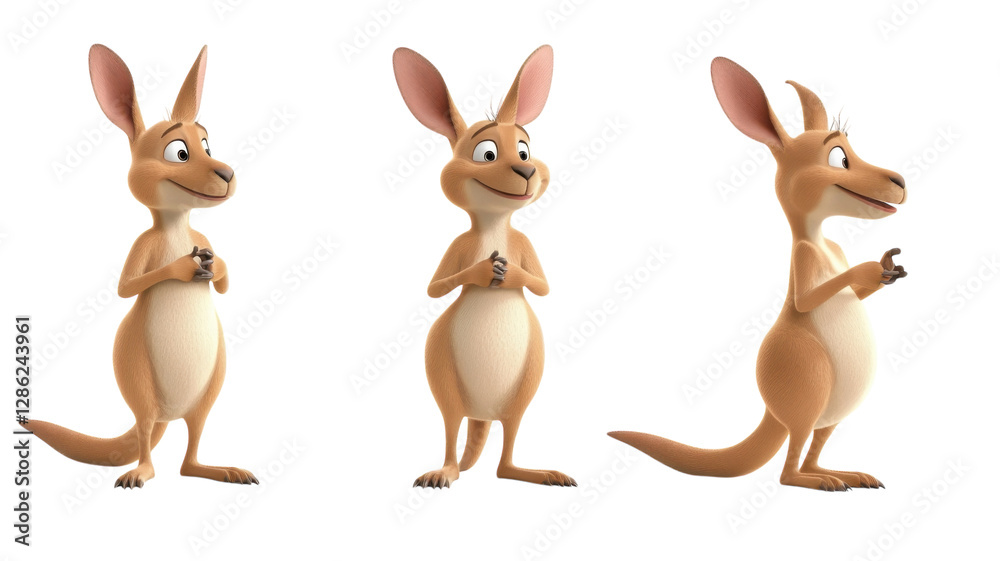 Cute animated kangaroo character showcasing different expressions and poses in a charming design for children's entertainment