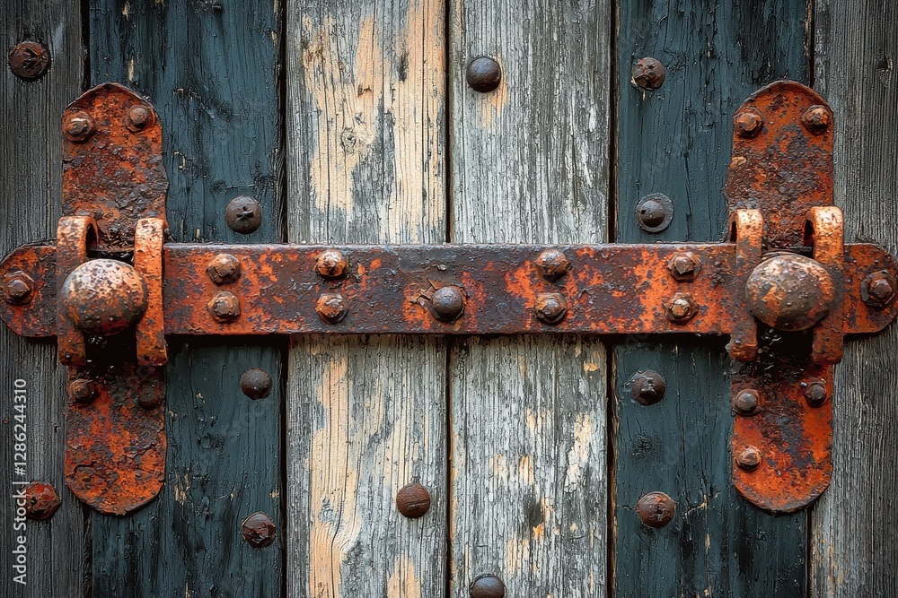 Detailed view of an old wooden door with rusty iron hardware, showing signs of wear and age, creating a vintage and rustic feel with texture and character, close-up. Detailed view of an old wooden door with rusty iron hardware, showing signs of wear and age, creating a vintage and rustic feel with texture and character, close-up.