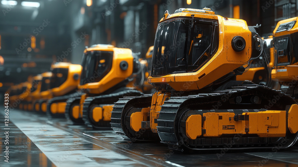 A fleet of robotic bulldozers working on a construction site without human intervention