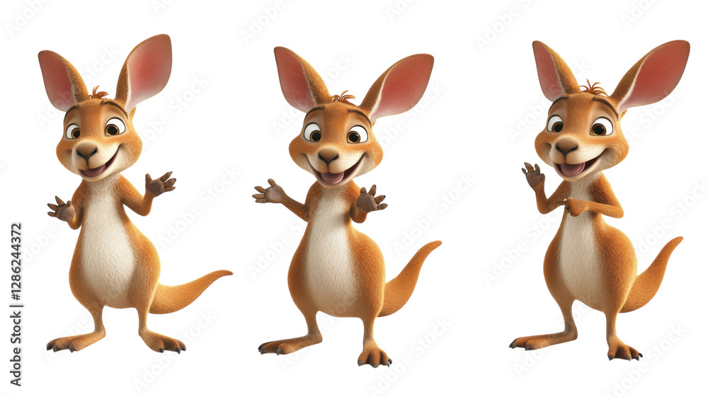 Kangaroo character showcasing playful poses and expressions in a vibrant animated style during a cheerful animated scene