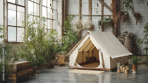 Photo: Indoor Camping Scene with Tent and Greenery