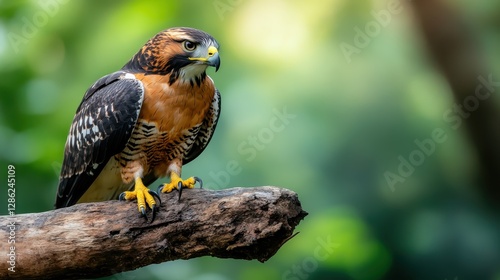 A beautifully detailed hawk gazes with intensity while perched on a branch, with its striking plumage adding to the enchanting backdrop of the soft green forest.