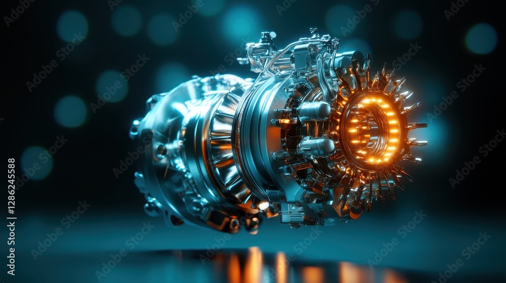 A mesmerizing view of an engine component showcases a blend of shiny metallic surfaces and brilliant lighting effects, embodying innovation and technological sophistication.