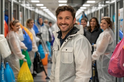 Happy Male and Female Janitors Cleaning Corridor with Cleaning Tools