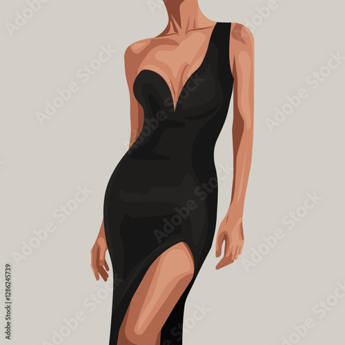 Elegant faceless fashion illustration of a woman in a black dress with a thigh-high slit. Minimalist and stylish vector artwork, perfect for branding, posters, and social media design. Vector.
