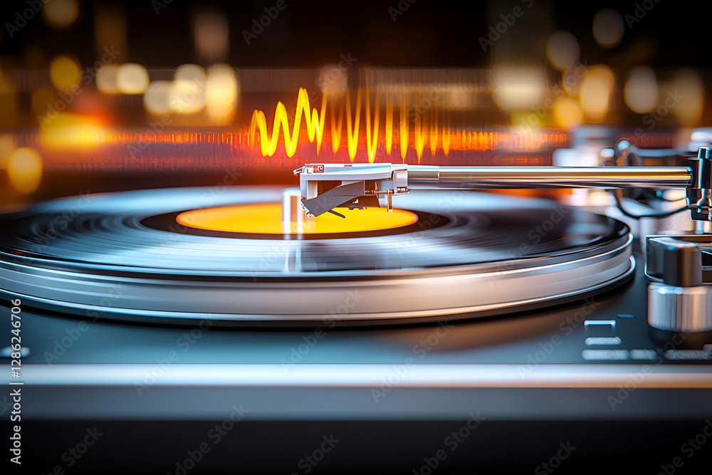 Obraz premium Close-up of turntable with vibrant sound wave in motion