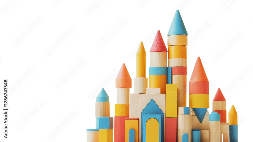 Colorful wooden blocks create a vibrant castle structure on a white background showcasing creativity and fun