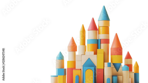 Obraz na płótnie Colorful wooden blocks create a vibrant castle structure on a white background showcasing creativity and fun w salonie