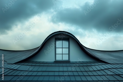 A house with a fake garret on top, covered in dark asphalt tiles, set against an afternoon sky