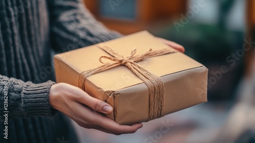 Gift of Giving: A person tenderly holds a beautifully wrapped gift, evoking anticipation, care, and the special moment of giving