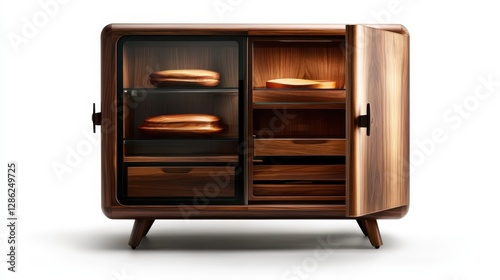 A unique wooden cabinet featuring glass openings, showcasing a playful design with shelves and drawers, perfect for an artistic and functional interior.