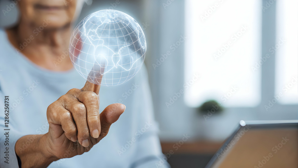 Elderly Woman's Hand Touching Holographic Globe: A Close-Up Shot Symbolizing Solitude, Connection, and Technology in a Futuristic Photo Stock Concept Elderly Woman's Hand Touching Holographic Globe: A Close-Up Shot Symbolizing Solitude, Connection, and Technology in a Futuristic Photo Stock Concept