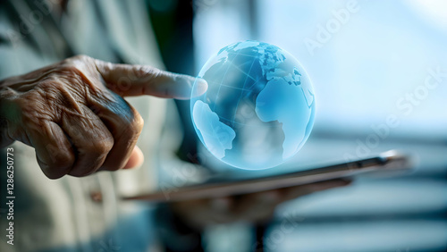 Elderly Woman's Hand Touching Holographic Globe: A Close-Up Shot Symbolizing Solitude, Connection, and Technology in a Futuristic Photo Stock Concept