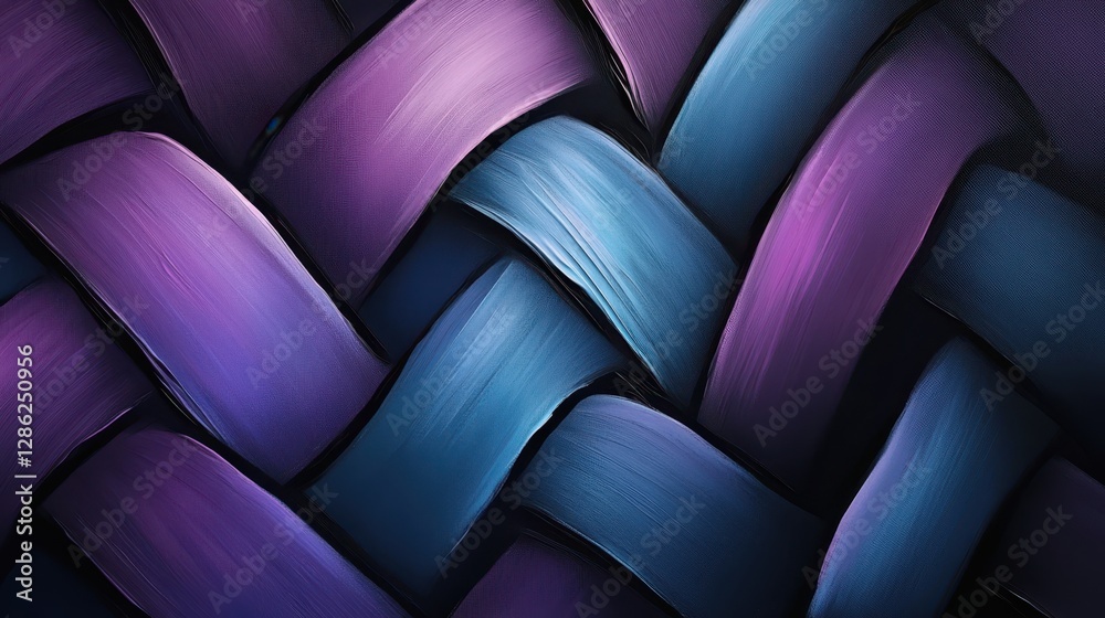 Obraz premium A vibrant abstract painting featuring intricate purple and blue patterns resembling a woven basket weave, showcasing artistic creativity and texture.