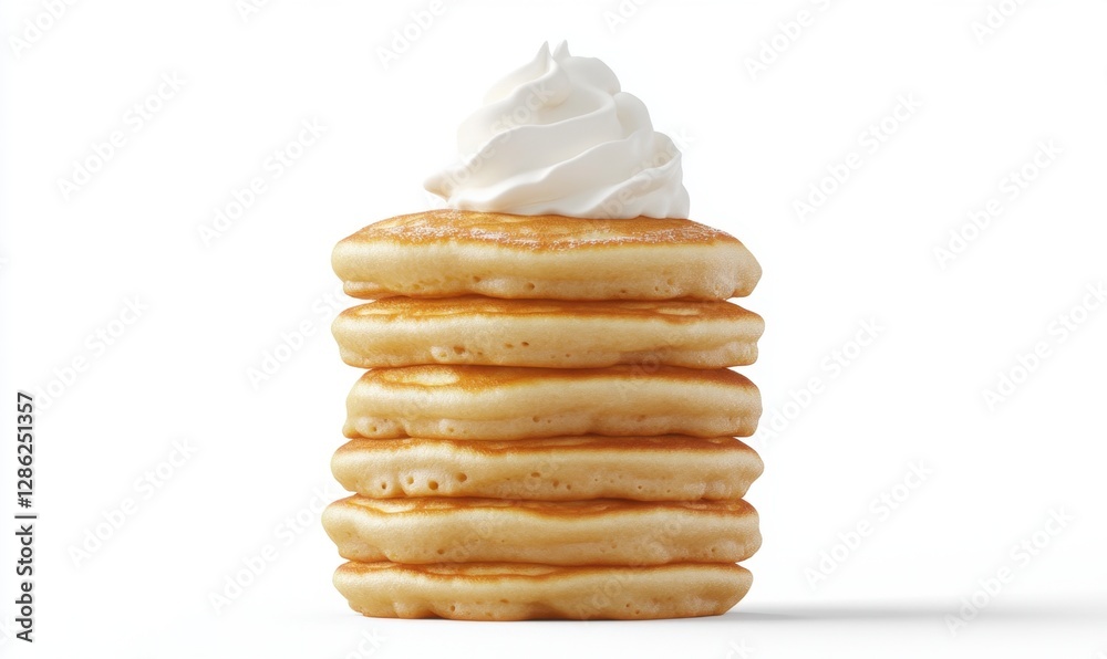 Stack of pancakes with whipped cream on white background for food blogs Stack of pancakes with whipped cream on white background for food blogs