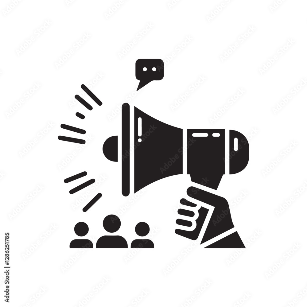 Talking with megaphone icon silhouette on white background. Talking with megaphone icon silhouette on white background.