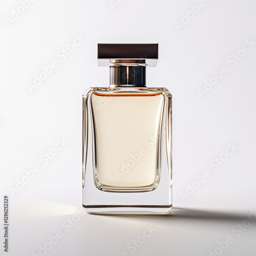 Transparent glass perfume bottle with silver cap isolated on white background.