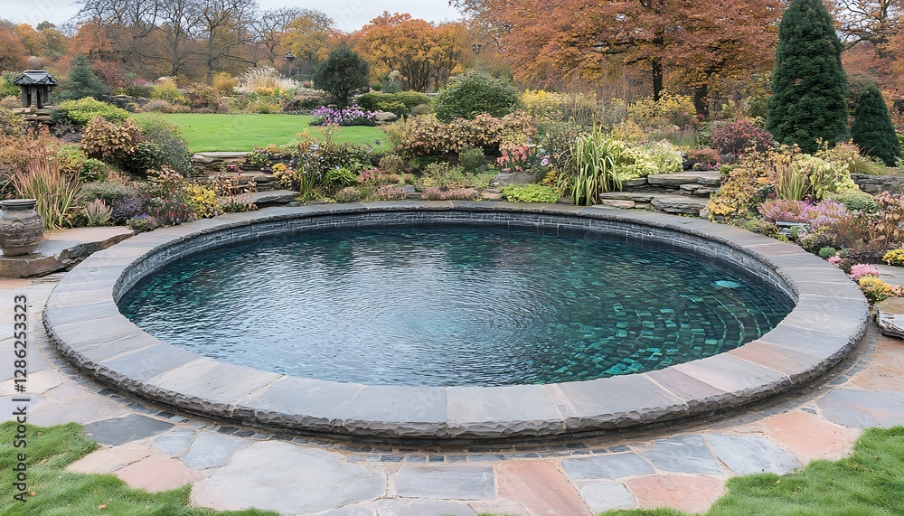 Autumn garden pond, tranquil scene