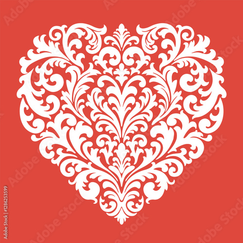 Vector decorative heart-shaped design, intricate white shapes on red background. Symmetrical damask-style ornamentation creates a romantic, elegant, vintage, aesthetic valentine. Love sign celebration