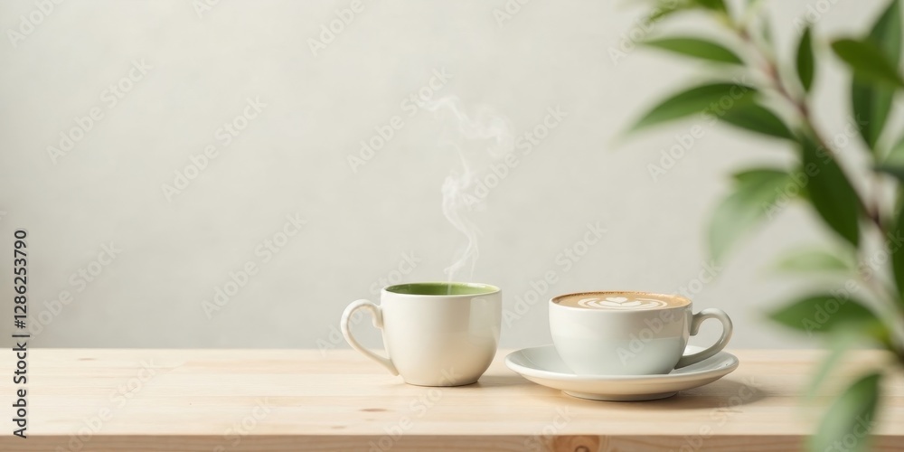 Aromatic Steam Rising from Two Cups of Coffee on a Light Wooden Tabletop Aromatic Steam Rising from Two Cups of Coffee on a Light Wooden Tabletop