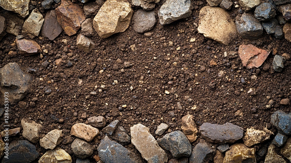 Dark Soil Texture with Border of Stones and Rocks