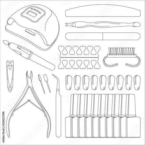 Vector detailed black-and-white illustration. Professional manicure pedicure set: UV lamp, nail clippers, cuticle tools, brushes, nail polish bottles, files,  accessories for nail salon