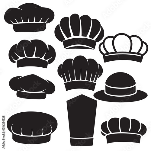 set black various style vector bakers hat, chef hat silhouettes