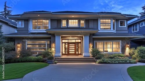 Modern home exterior at twilight photo